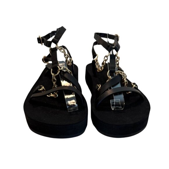 MAJE Frankie Black Gold Chain And Charm-Embellished Leather Sandals Size 9 - Picture 4 of 9